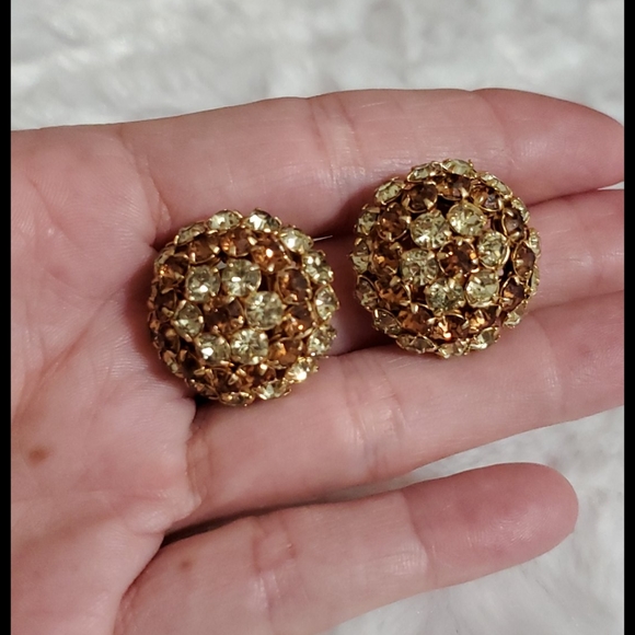 WARNER 3 color yellow amber rhinestone clip on earrings VINTAGE - Picture 4 of 5